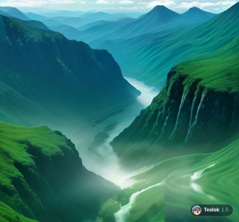A realistic photo of the water cycle over green mountains