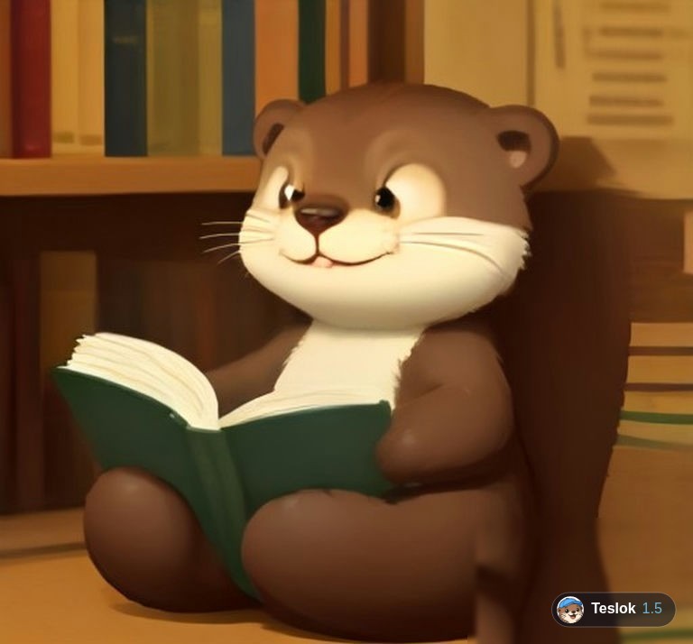 A cute otter reading a book in a library