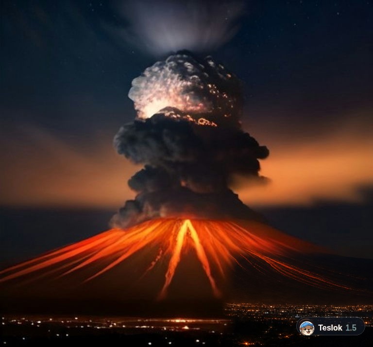 A realistic photo of a volcano erupting at night